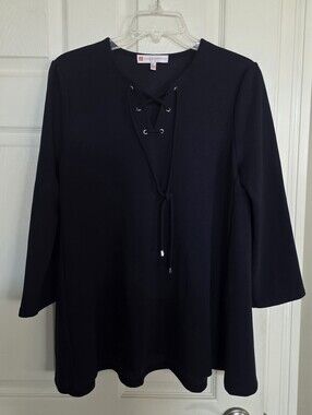 Jude Connally Navy Lace Up V Neck Solid Blouse Medium